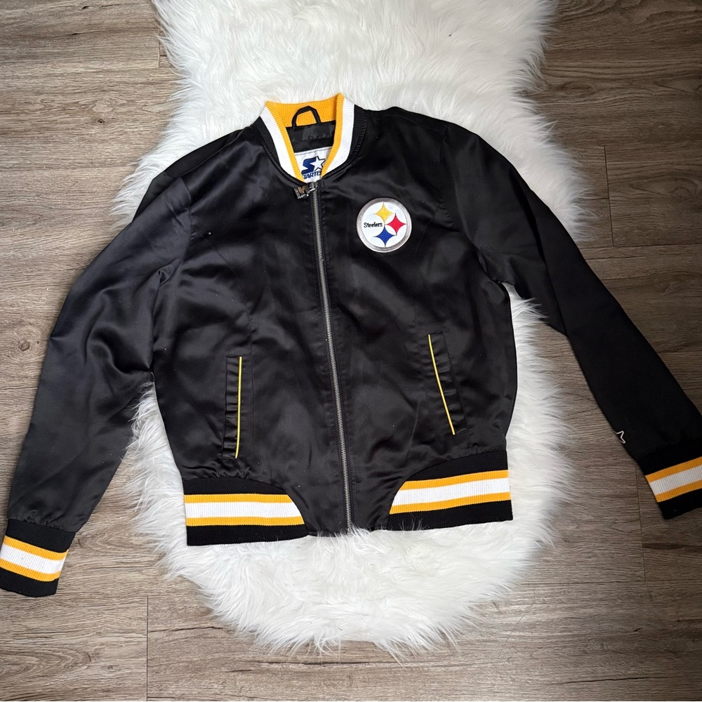 Starter Steelers Black Bomber Jacket with Yellow Trim